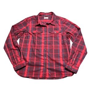 Columbia Womens XL Red Plaid Roll Tab Long Sleeve Hiking Button Up Casual Shirt